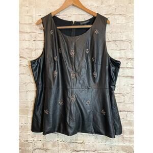 Lane Bryant Top Womens 24 Black Faux Leather Peplum Sleeveless Beaded Plus Zip